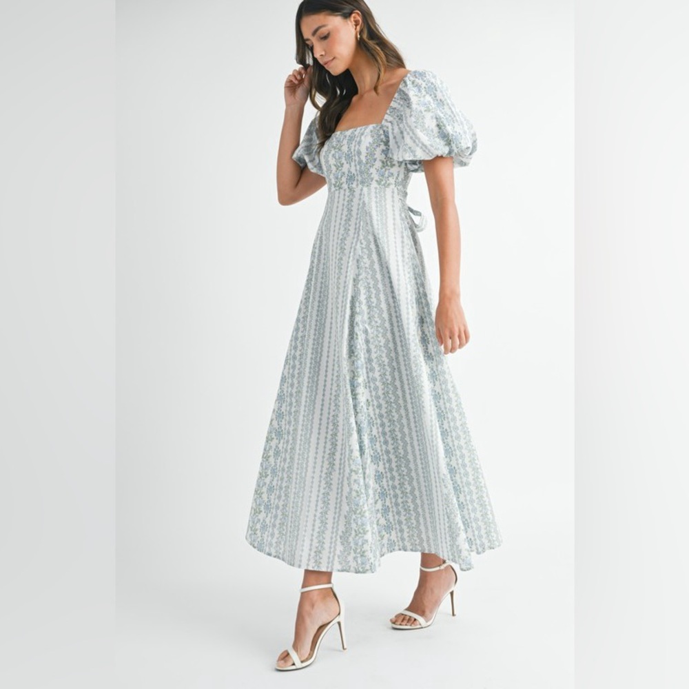 Princess Cinderella Blue Floral Puff Sleeve Midi Dress| Easter Church Dress